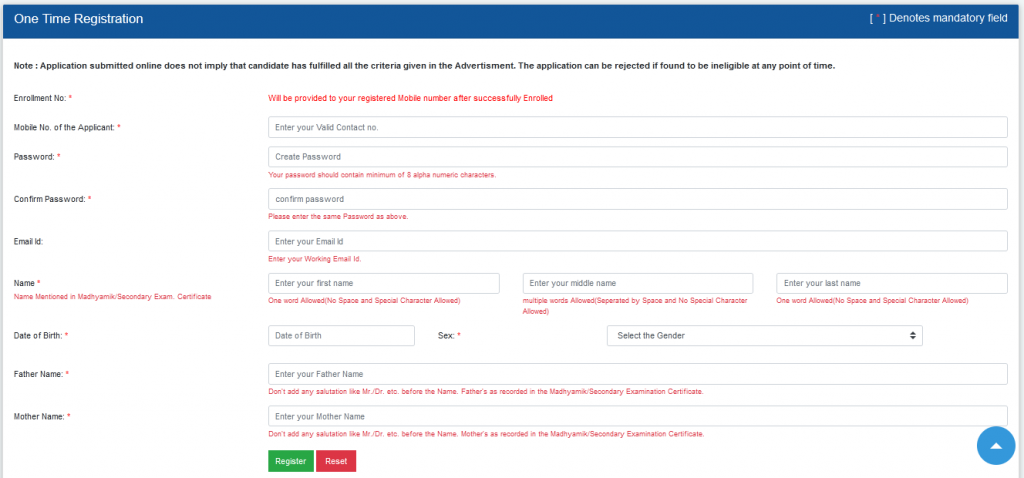 WBCS one time registration step 3