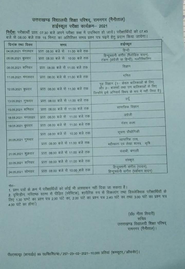 Uttarakhand Board Date Sheet 2023 Class 10th and 12th exam Time Table