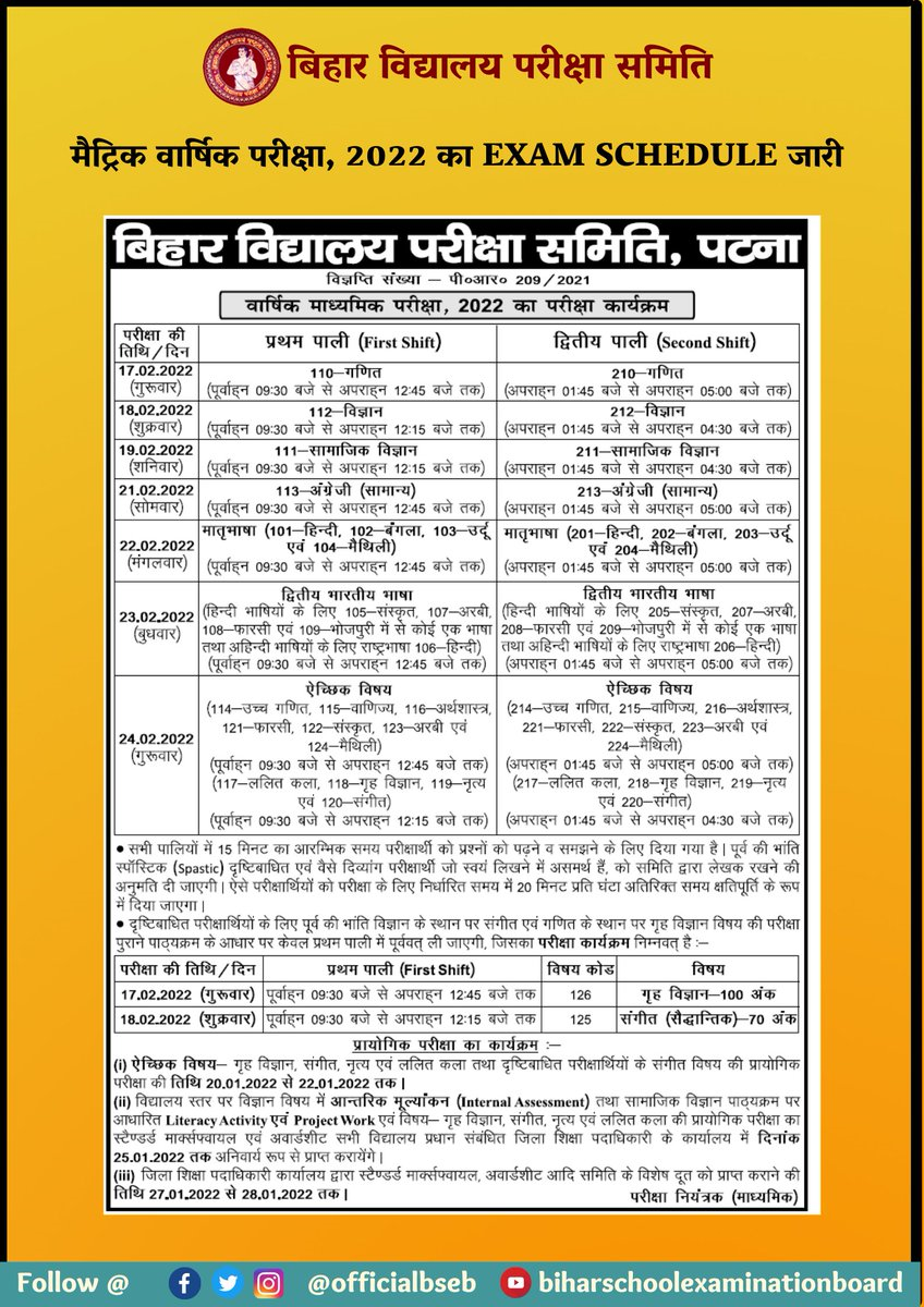 Bihar Class 10th Date sheet 2023