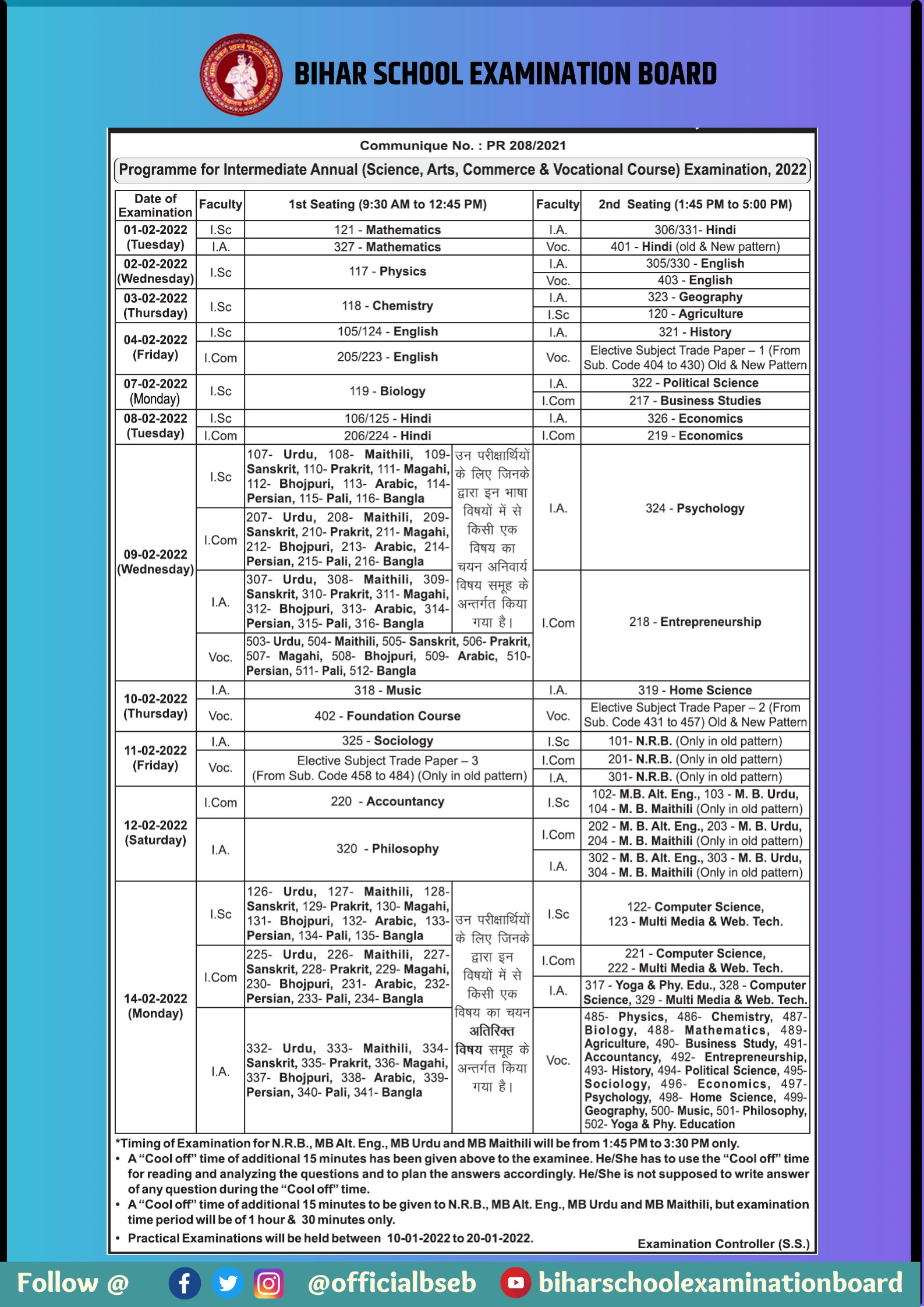 Bihar Board Class 12th Date Sheet 2023